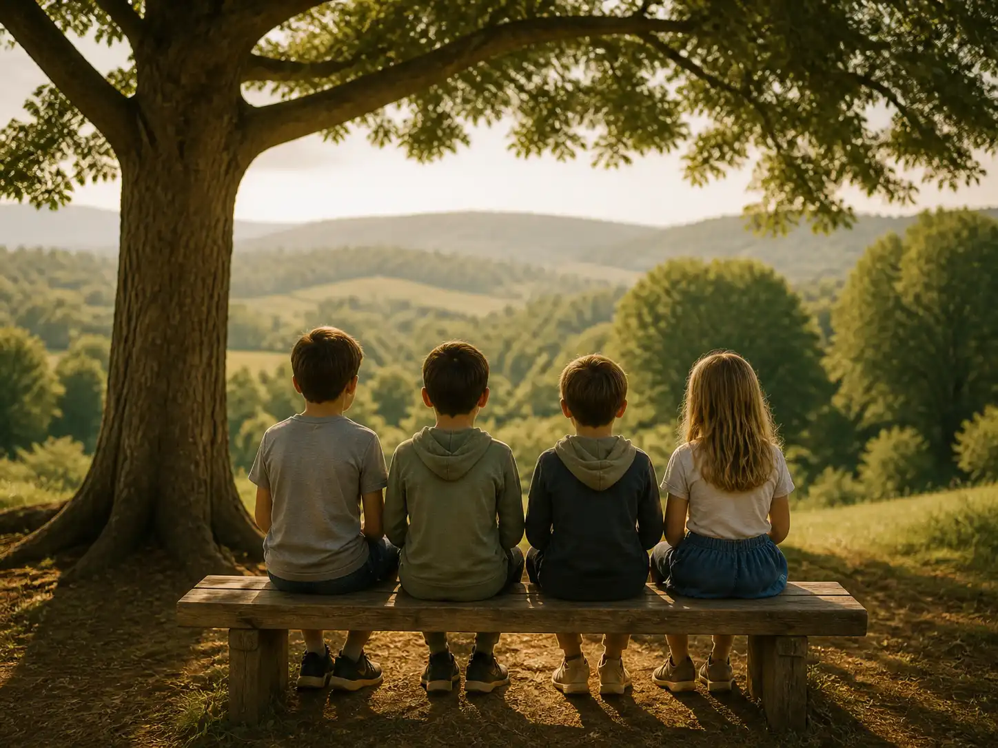 Children sitting on a bench beneath a tree